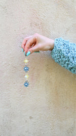 Pendientes Extra largos Estrellas Azul Iridiscente Glitter Perlas